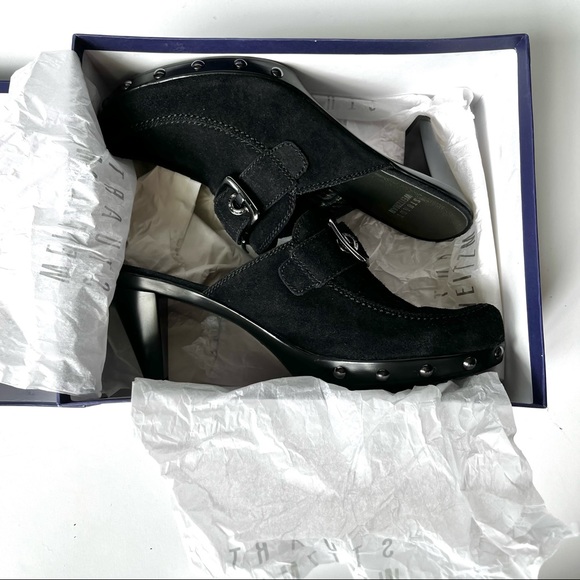 NEW IN BOX Stuart Weitzman Double Agent Black Sport/Suede Studded Mule Clogs 8.5 - Picture 3 of 13